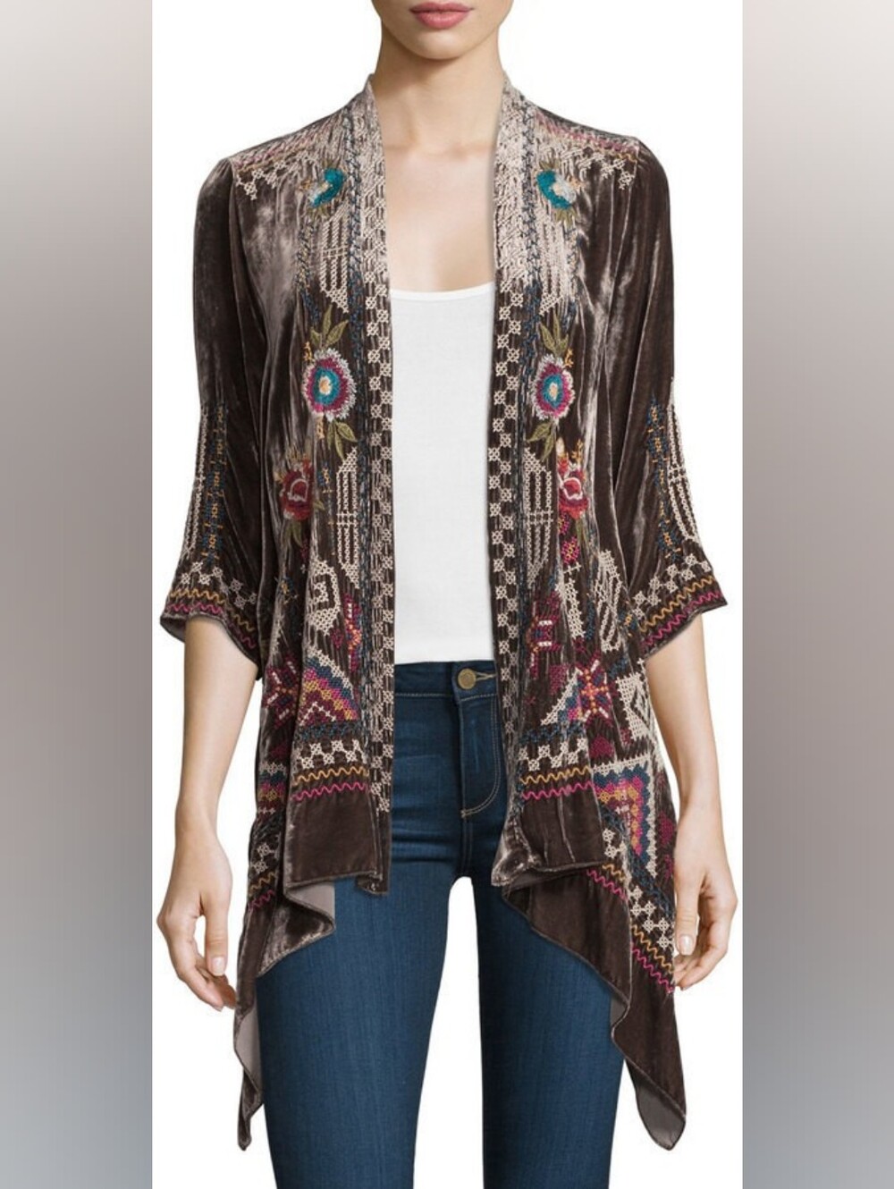 Johnny Was Dani Brown Velvet Open-Front Embroidered Draped Cardigan Size Small